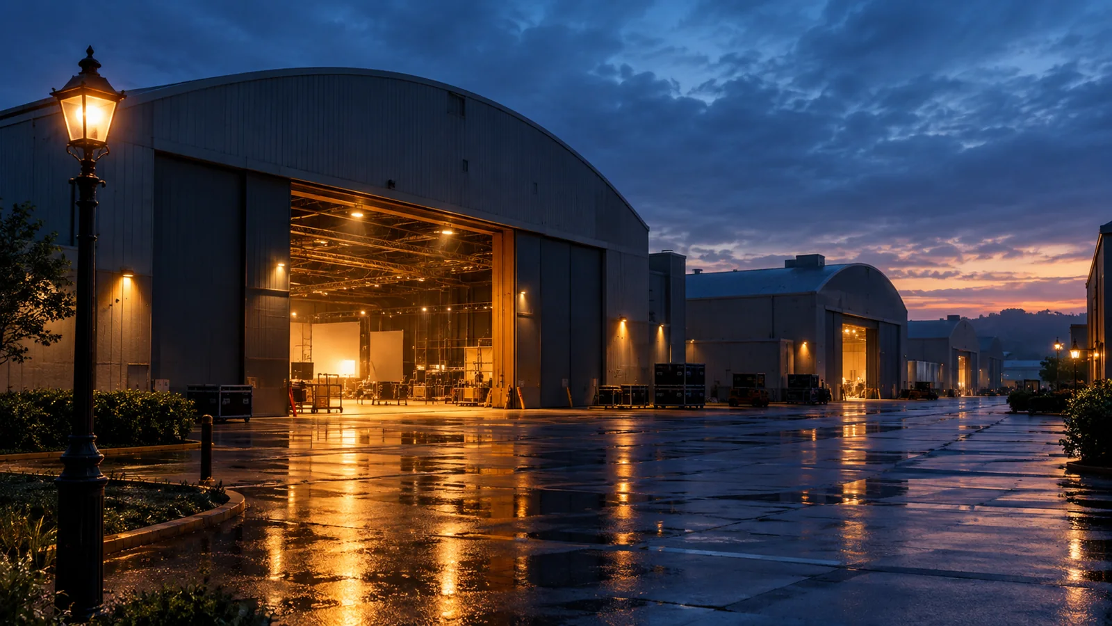 Des bâtiments de studio de cinéma illuminés au crépuscule