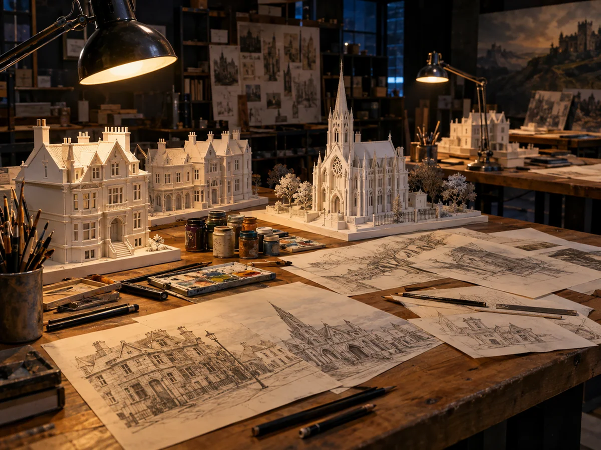 Une table du département artistique avec des croquis au crayon et des maquettes en carton blanc de vieux bâtiments