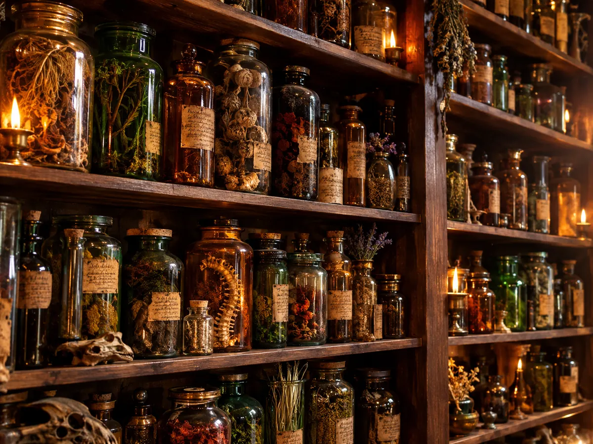 Des étagères remplies de vieux bocaux en verre d'apothicaire avec des herbes séchées, éclairés à la bougie