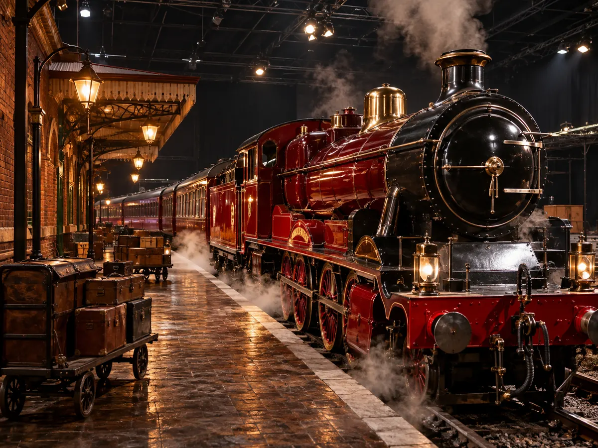 Une vieille locomotive à vapeur rouge foncé sur un quai en brique à l'intérieur d'un studio de cinéma