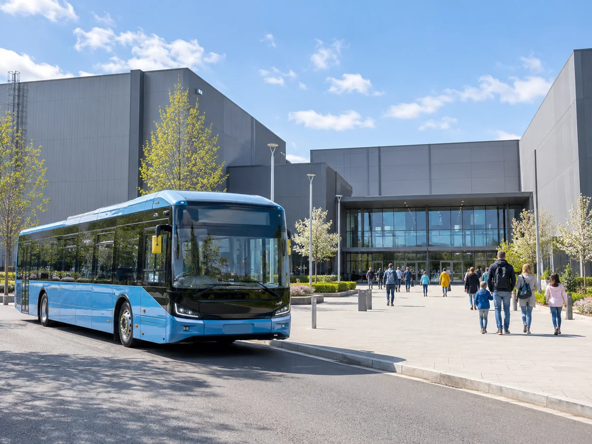 Un bus électrique garé devant un grand bâtiment de studio de cinéma moderne