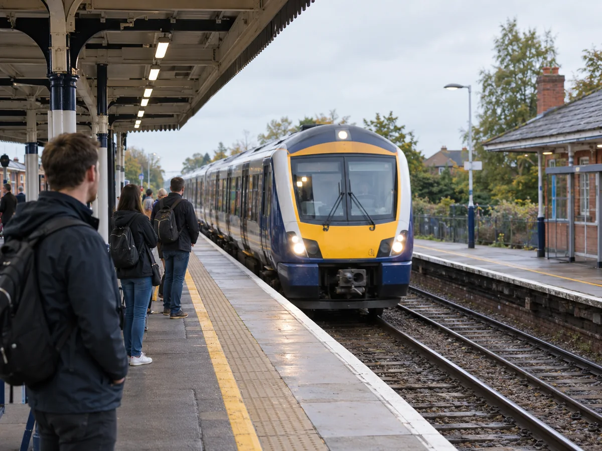 Un train de banlieue arrivant sur un quai de gare anglaise