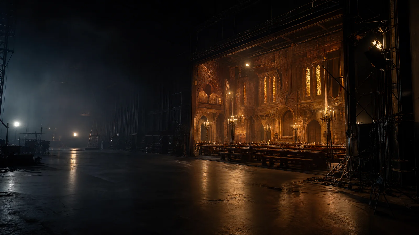 Un décor de banquet aux chandelles qui brille à l'intérieur d'un plateau de tournage sombre